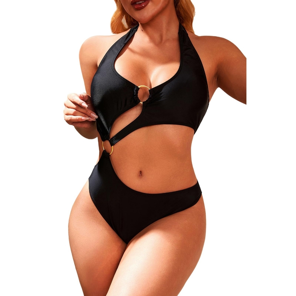 New Sexy Cutout‎ One Piece Swimsuit Ring Detail Monokini Y2k Look Size L